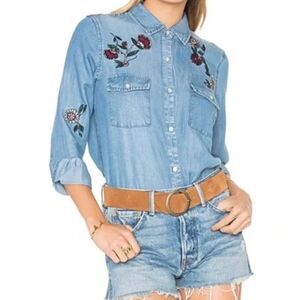 Alexander Jordan Floral Embroidered Denim Chambray Cotton Button Down Shirt XL